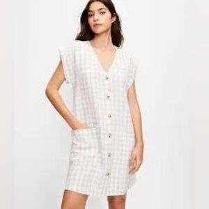 Lou & Grey Gingham linen pocket shirt dress size small beige and ivory